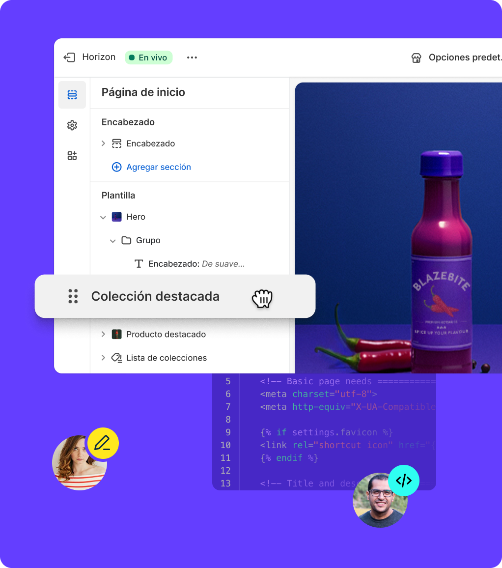 Varios colaboradores usando Liquid y el editor de tiendas online de Shopify para crear una tienda juntos