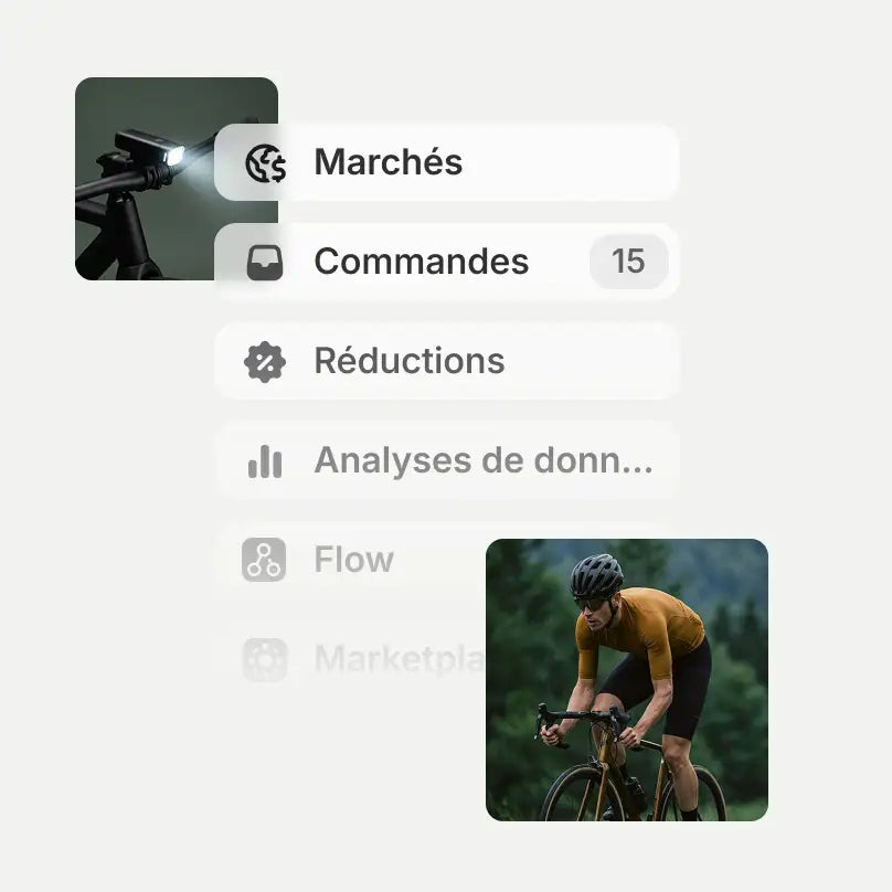 Une interface simplifiée liste les fonctionnalités de commerce de Shopify valables pour le D2C et le B2B, dont les marchés, les commandes et les réductions, à côté d’images d’une lampe de vélo et d’un cycliste.
