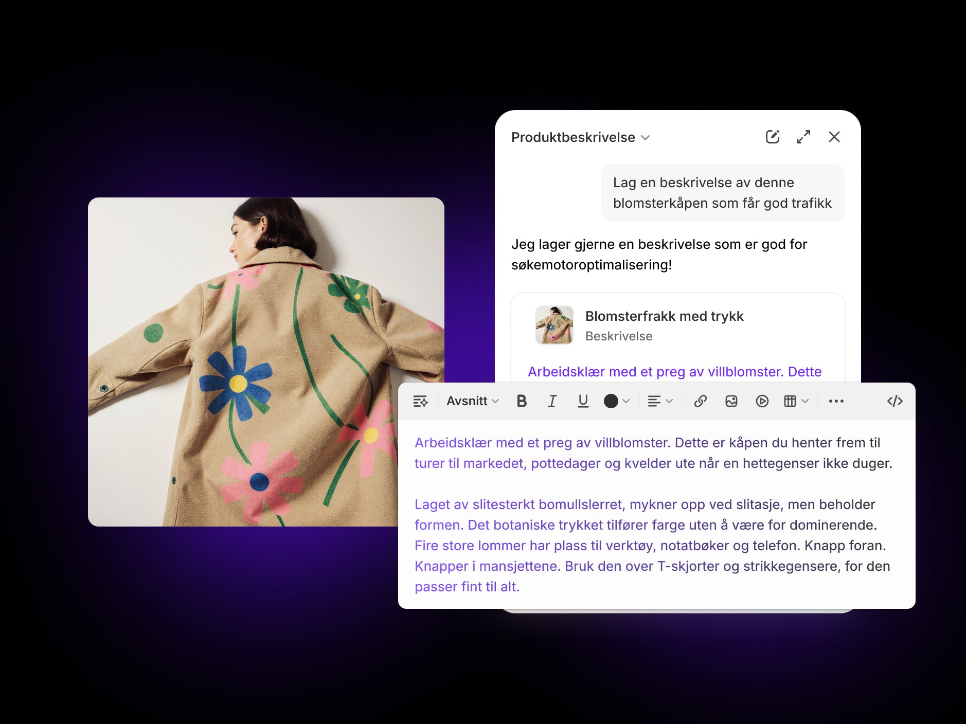Sidekick-forfatteravatar som lager produktbeskrivelse for blomsterdekt Market Coat basert på brukerens forespørsel