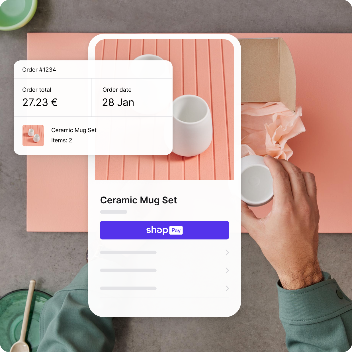 Página del producto con tazas de té de cerámica y la experiencia de pago móvil en pantalla con Shop Pay.