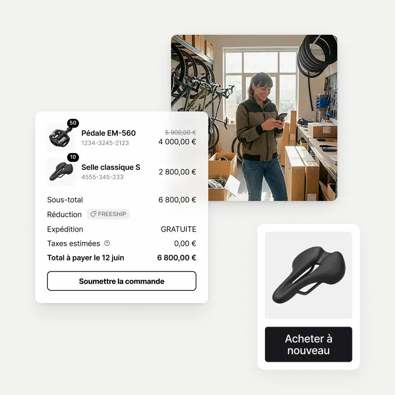 Une interface simplifiée montre la page de paiement d’une commande de vente en gros et une fiche produit de selle de vélo superposées à l’image d’une femme dans un magasin de vélos, entourée de stock.