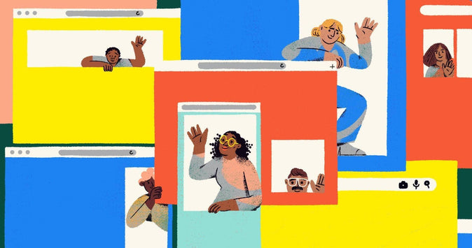 Illustratie van gestapelde schermen met uitsnedes van Google-advertenties. In de advertenties zijn mensen te zien. Dit is een metafoor voor inzicht krijgen in Google-advertenties en de doelgroepen die bedrijven kunnen targeten: lookalike audiences.