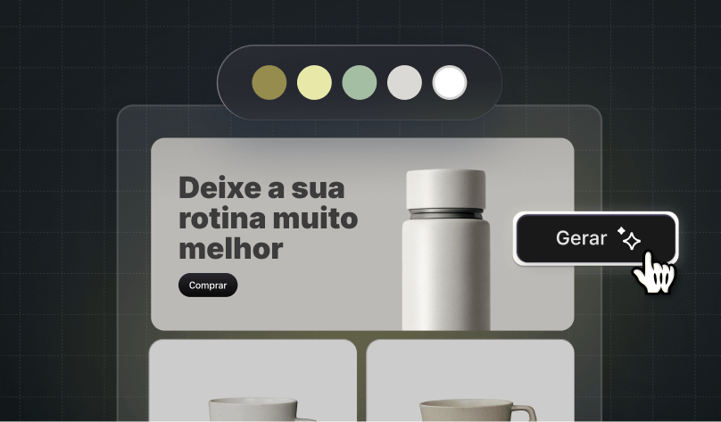 Uma loja virtual ao lado de um botão "Gerar" representando uma vitrine virtual gerada com IA.