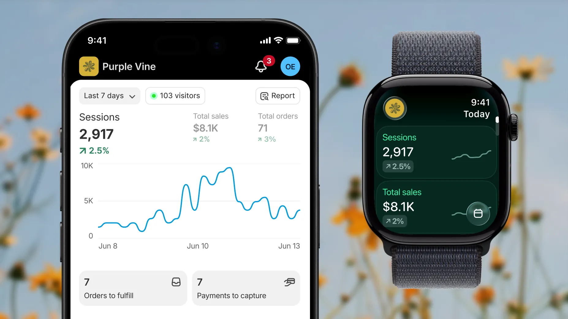 Still image of a phone showing the Shopify analytics screen featuring data like sessions, sales, and orders. Next to the phone is an Apple Watch showing quick stats like sessions and total sales.
