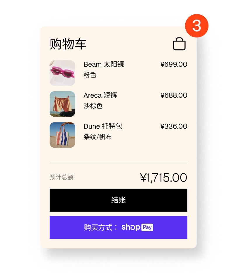 动画显示在线购物车的商品从一件增加到三件，还有一个结账按钮和一个 Shop Pay 按钮。