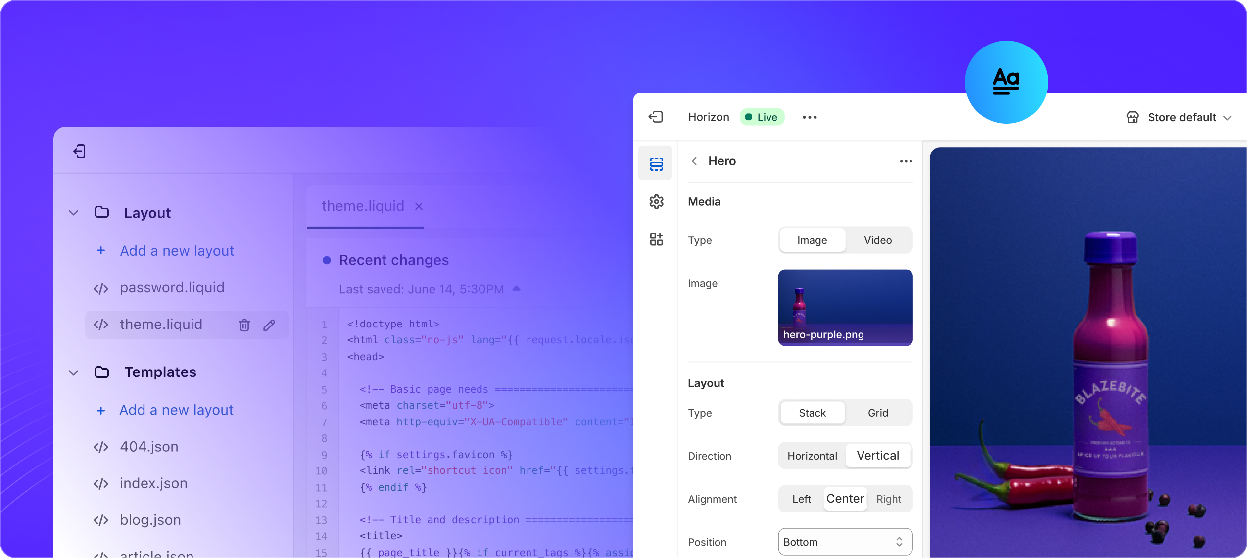 To skærme: et eksempel på Liquid-kode og Shopifys webshopeditor.