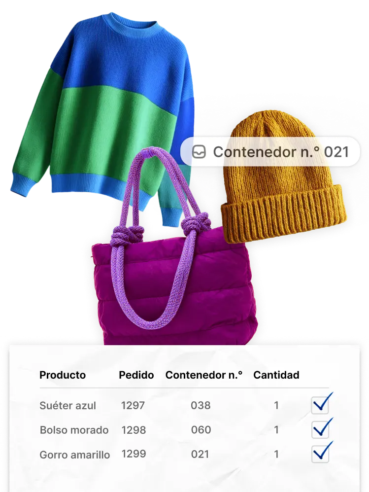 Una selección de prendas coloridas: un suéter azul y verde, un sombrero amarillo y una bolso de mano magenta