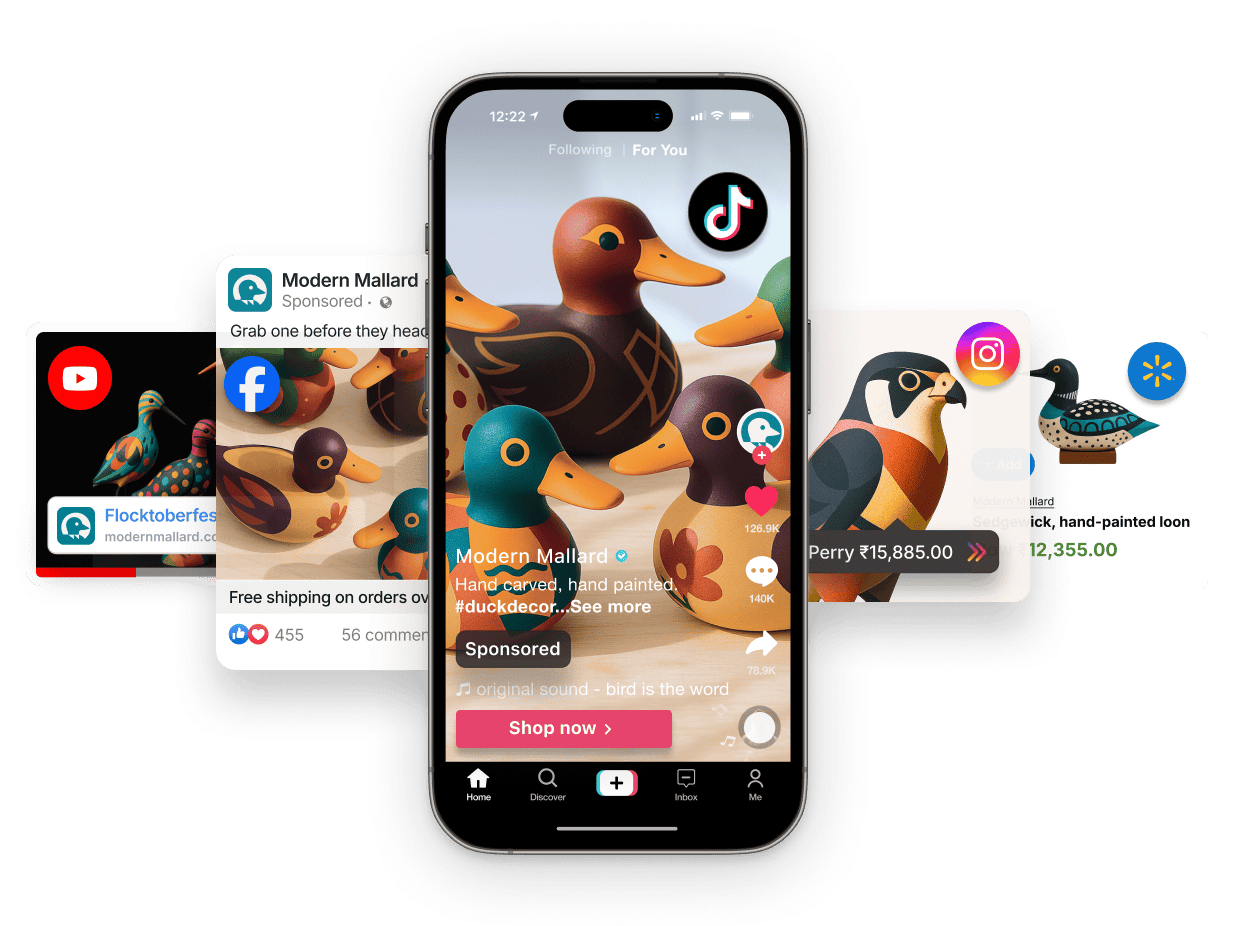 Phone showing an ad for carved, painted wooden ducks on TikTok, Meta, YouTube, Instagram, and Walmart.