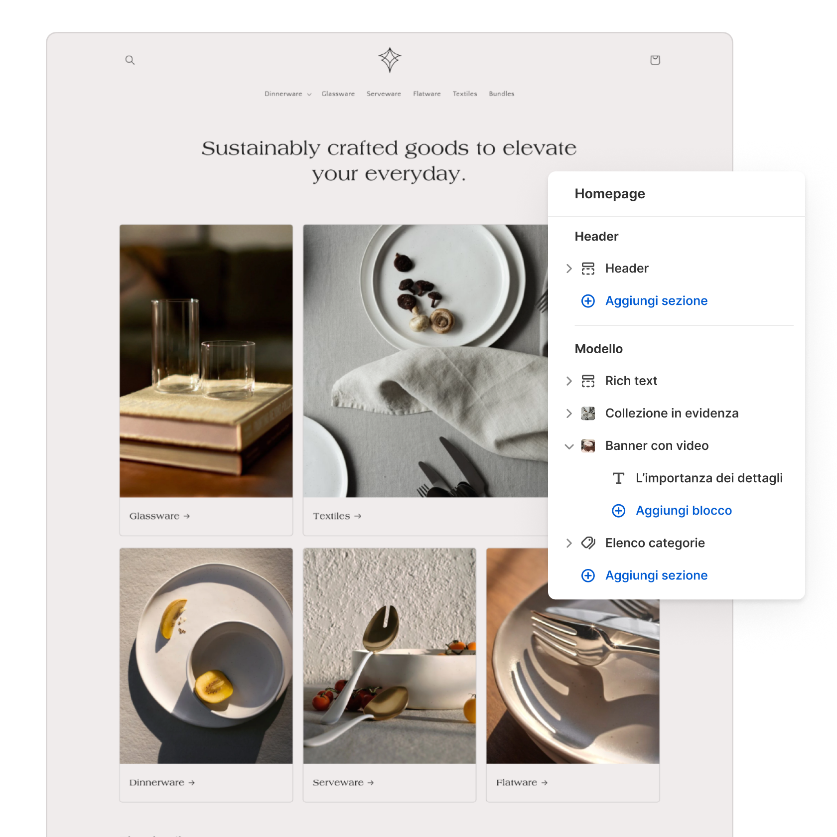 Un collage che mostra il sito web di un brand di articoli per la casa e in sovrapposizione l’editor del tema di Shopify