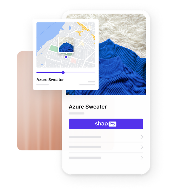 „Shop Pay“ mobilioji atsiskaitymo sistema, skirta tamsiai mėlynam megztiniui.
