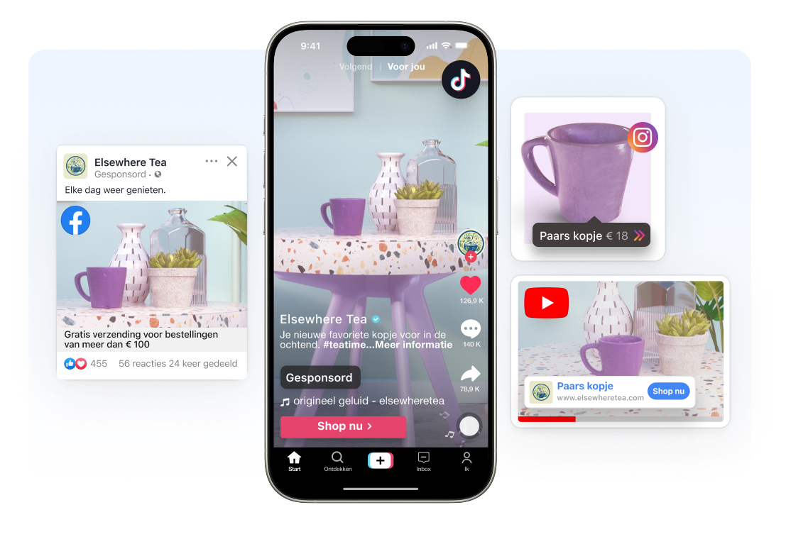 Een abstracte weergave van het venster Shopify-beheercentrum. Over de linkerkant van het venster staat een door Facebook gesponsorde advertentie en een door TikTok gesponsorde video, waarin een paars kopje wordt verkocht. Aan de rechterkant staat een gesponsorde YouTube-video en een Instagram-post met een producttag, die beide een paars kopje promoten.