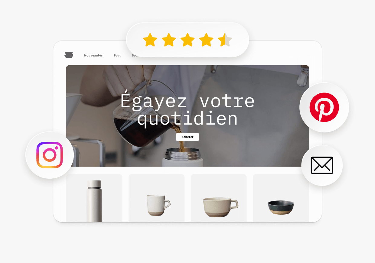 La page d’accueil d’une boutique en ligne apparaît à côté d’un badge de 4,5 étoiles et des icônes de Pinterest et d’Instagram.