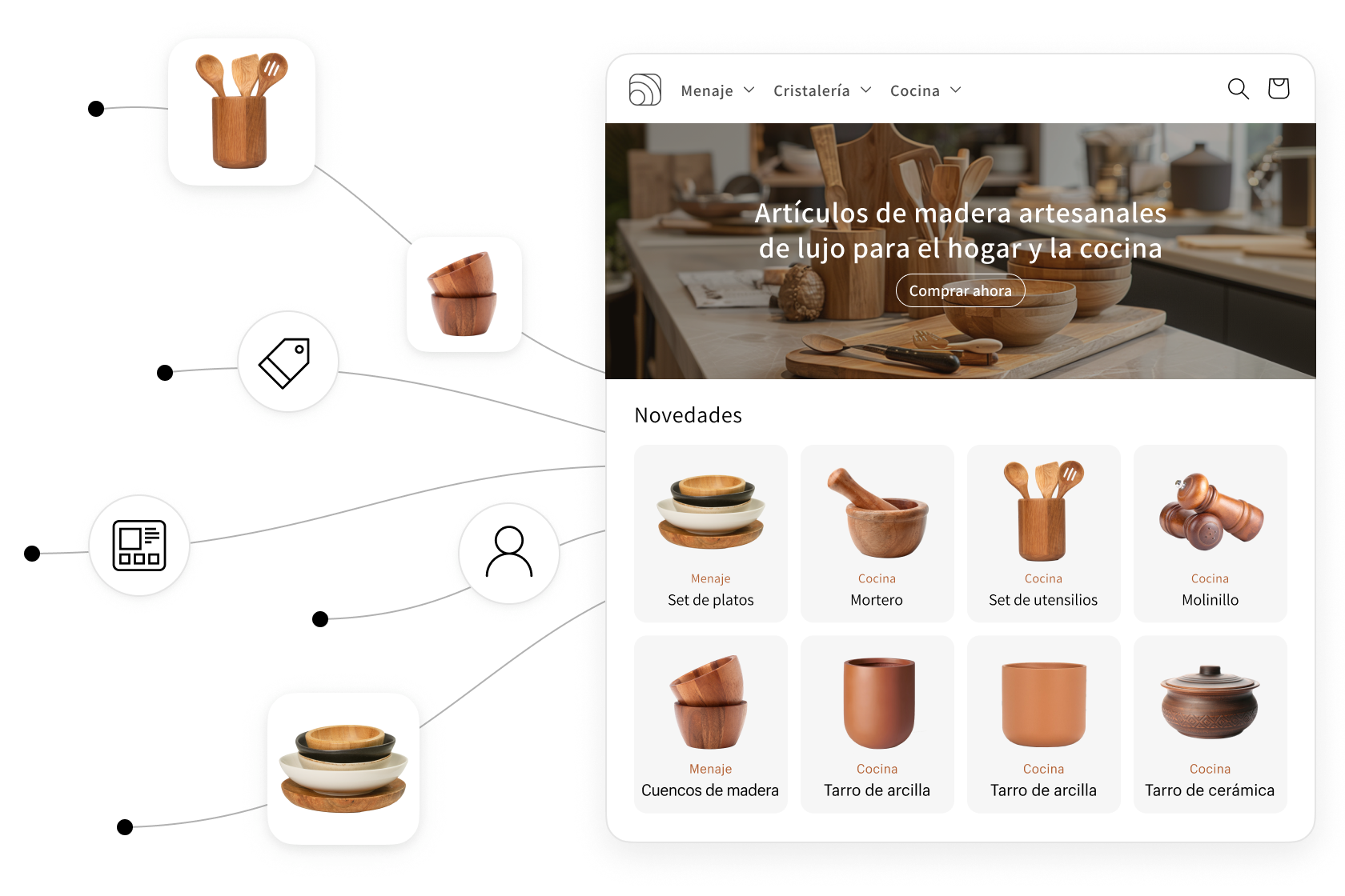 Collage en el que se muestran productos mientras se importan al sitio web de una marca de exclusivos artículos de madera para el hogar