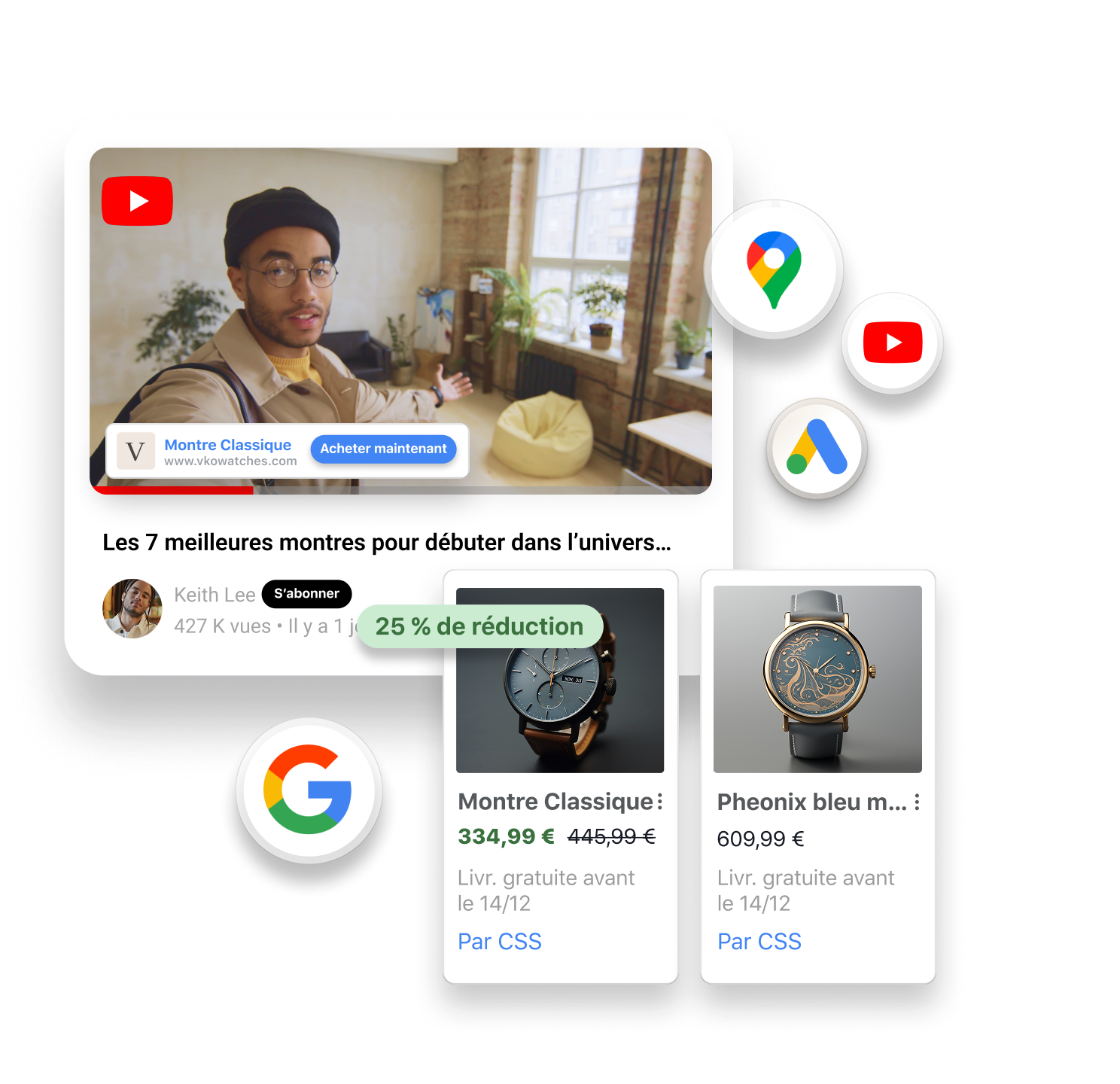 Une vidéo YouTube avec un homme portant une montre marron à son poignet qui s’adresse à la caméra. Des vignettes de produit avec deux montres en vente sont superposées sur la fenêtre de la vidéo. Les petits logos superposés autour des fenêtres incluent : Google, Google Maps, Google Shopping et YouTube.