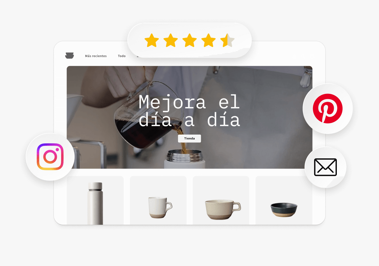 Página de inicio de una tienda online junto a un emblema de 4,5 estrellas e íconos de redes sociales de Pinterest e Instagram.