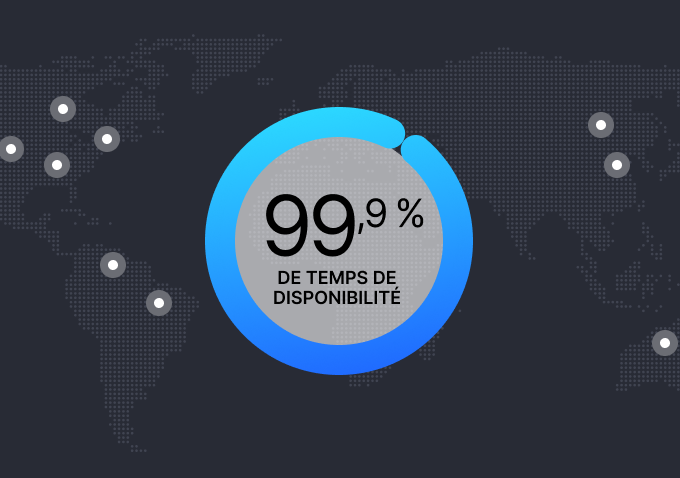 Carte du monde avec une statistique indiquant un temps de disponibilité de 99,9 %