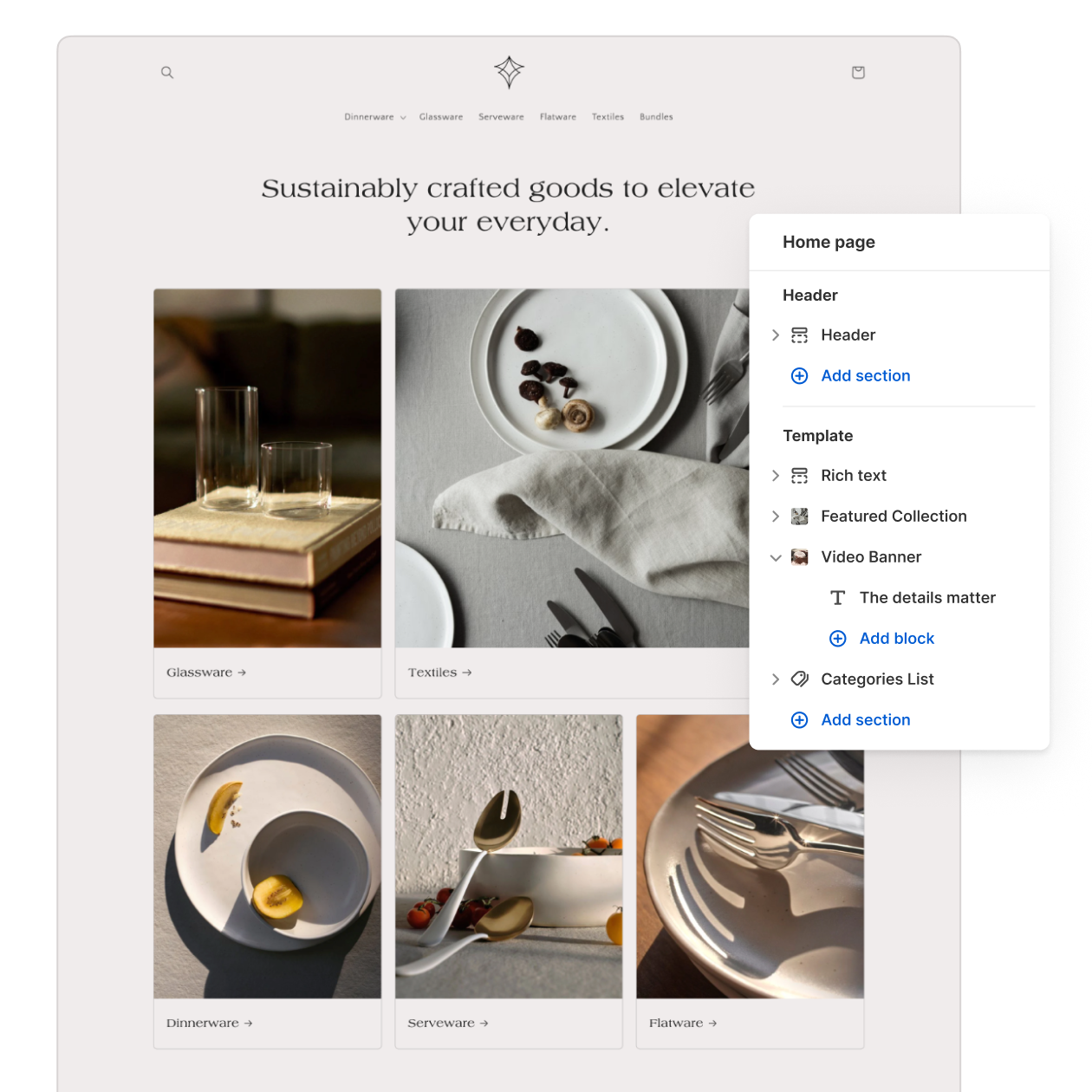 Kuvakollaasi, jossa on kodinsisustusbrändin sivusto, jonka päällä on Shopifyn teemaeditori