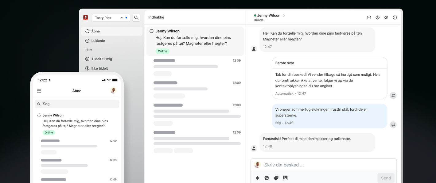 En skærm på mobil og computer, der viser Shopify Inbox med en besked fra kunden Jenny Wilson.