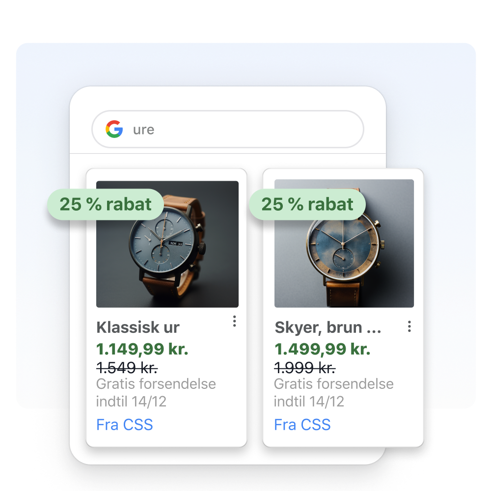 Et vindue med søgeresultater for ure fra Google på Shopping-fanen. Produktfelter, der viser to ure til salg, er overlejret vinduet med søgeresultater.