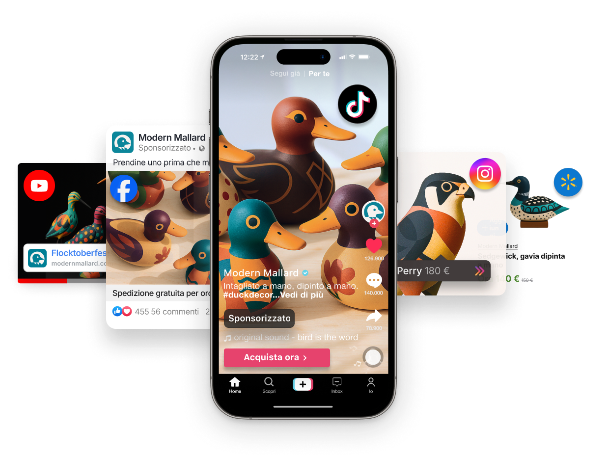 Telefono che mostra un annuncio su TikTok, Meta, YouTube, Instagram e Walmart di anatre in legno dipinte e intagliate.