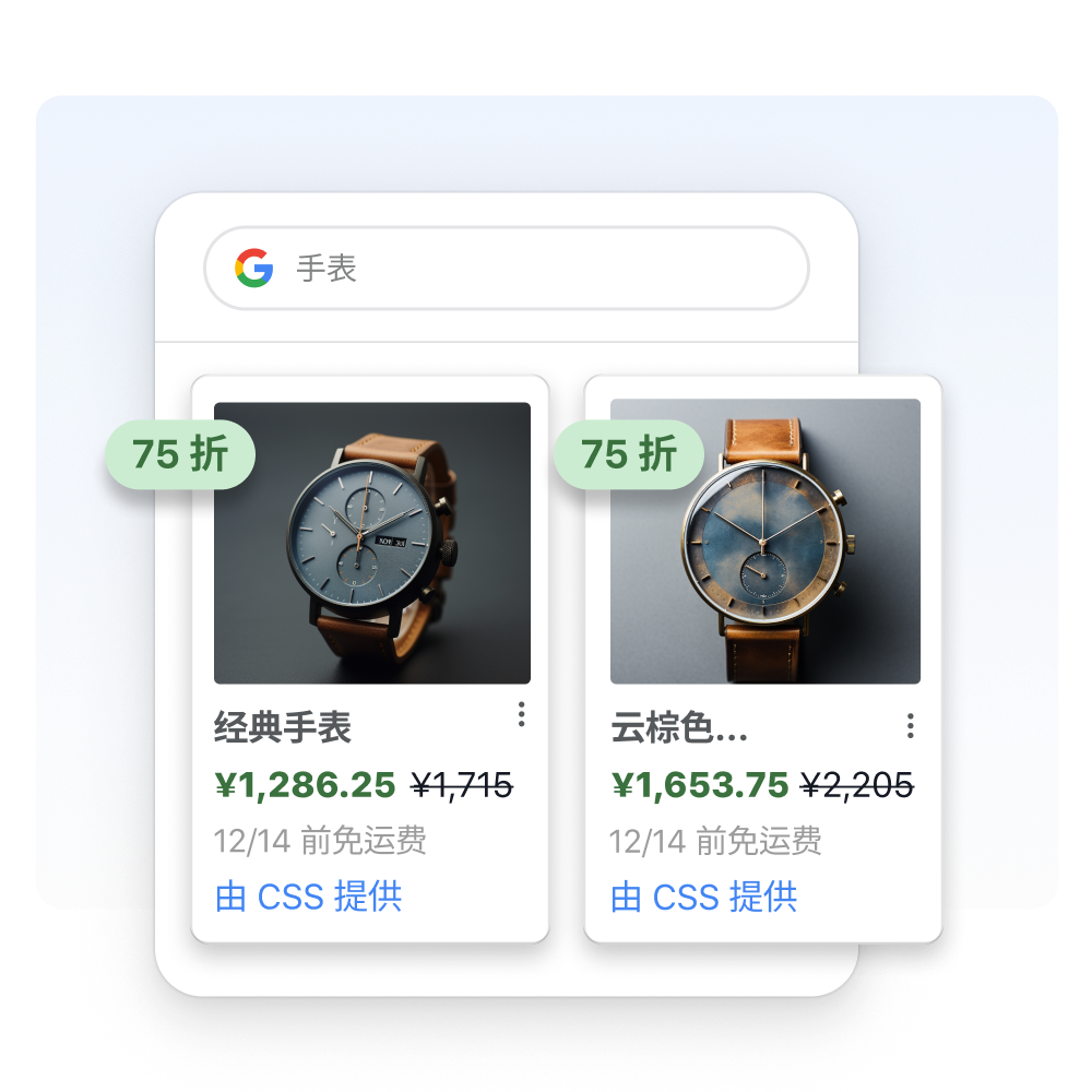 购物筛选条件下有一个 Google 搜索结果窗口展示着手表结果。搜索结果窗口上，叠加了两款特价手表的产品图块。
