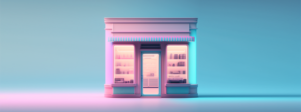 Devanture d’une boutique stylisée comportant des vitrines d’exposition éclairées avec un fond rose pastel dégradé