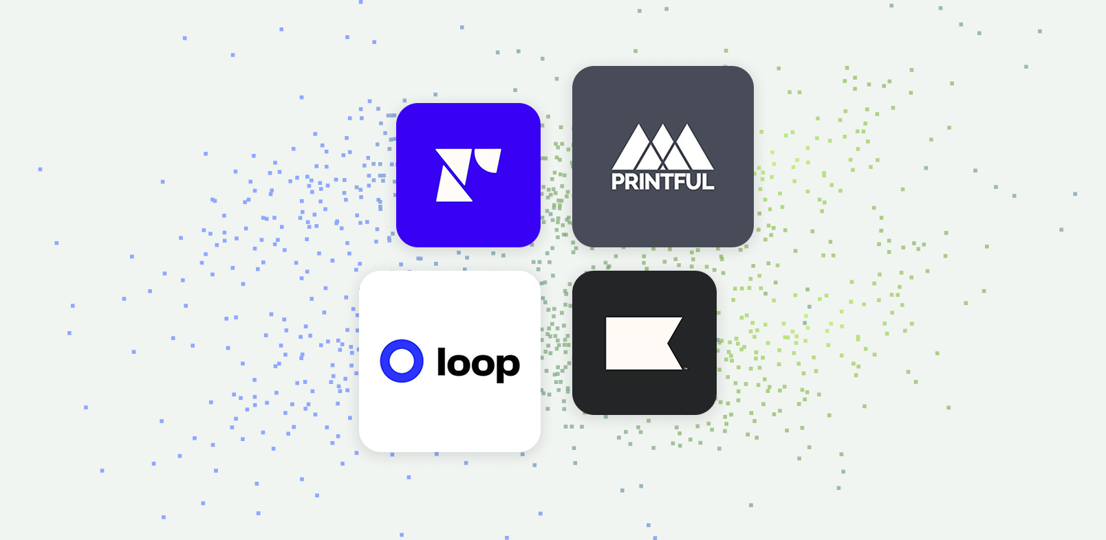 A collection of four app logos arranged in a grid with scattered colorful dots in the background. The image conveys the concept of integration and connectivity, highlighting the collaborative ecosystem available to Shopify merchants.