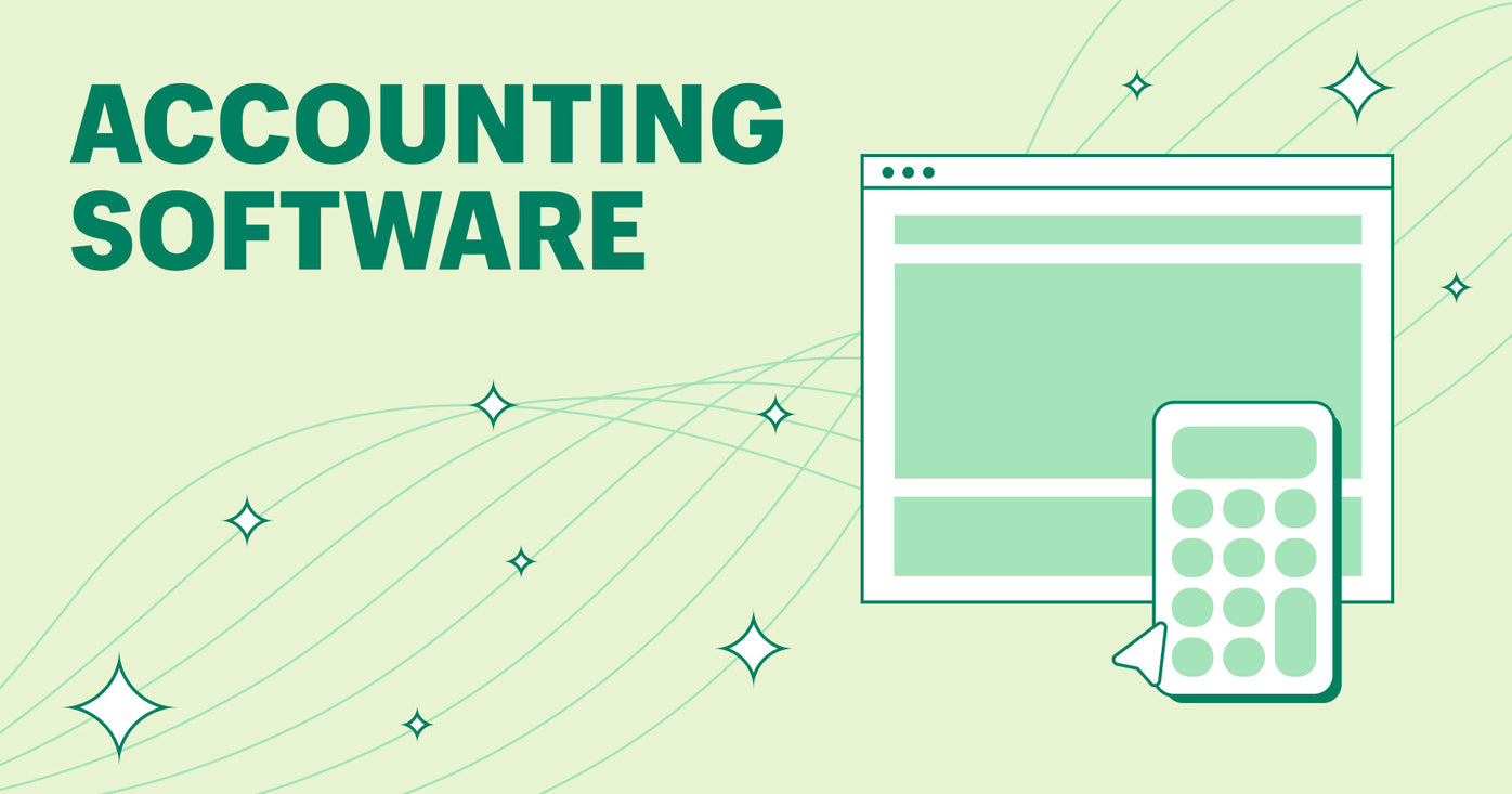 a green image with a calculator and browser representing accounting software: accounting ratios