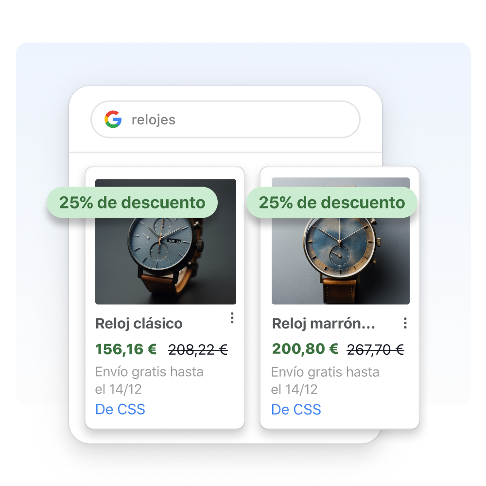 Una ventana de resultados de búsqueda de relojes en Google, bajo el filtro de compras. En la ventana de resultados de búsqueda se superponen recuadros de productos que muestran dos relojes en oferta.