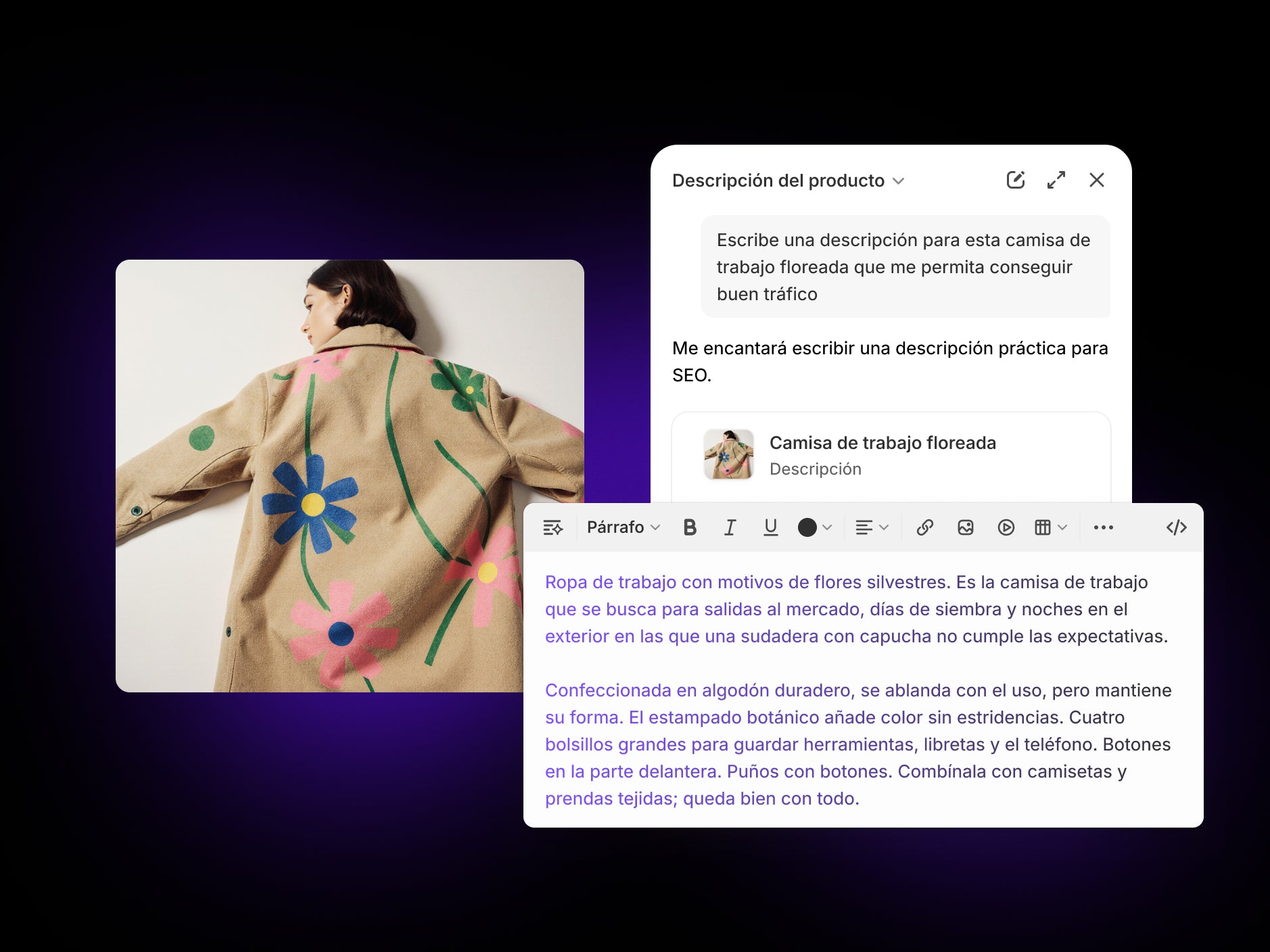 Avatar de Sidekick Writer creando descripciones del producto floral Market Coat según la solicitud del usuario