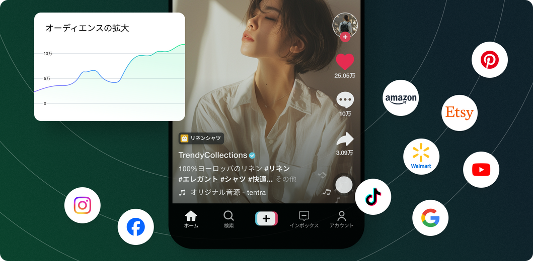 TikTokでドレスシャツを着た女性が映ったスマホの画面。その周囲にはソーシャルメディアのアイコンが浮かび、視聴者数の伸びを示す折れ線グラフを表示。