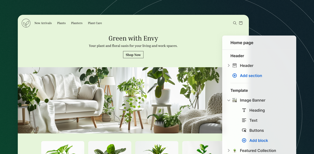 Online-kasvikaupan etusivu, jonka oikeassa reunassa näkyy Shopify-työkalupalkki.