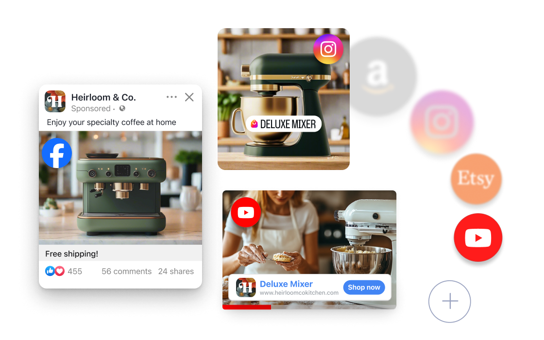Interactive showing the addition of various channels you can sell in like youtube, instagram, Etsy