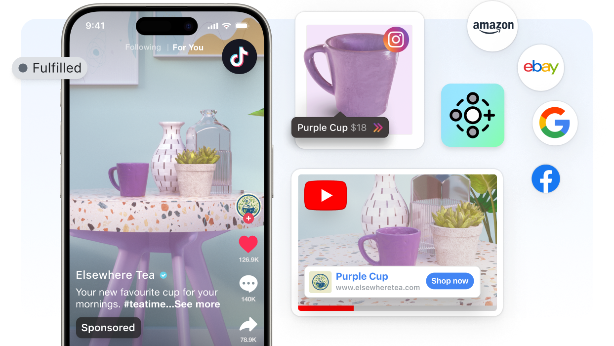 Apstraktni prikaz sučelja Shopify Admin. Preko lijeve strane prozora preklapaju se sponzorirani videozapis na TikToku i oglas na Googleu, a na oba se prodaje ljubičasta šalica. Mali logotipi koji se preklapaju oko prozora uključuju: Marketplace Connect, Instagram, YouTube, TikTok, Google Ads, Amazon i eBay.