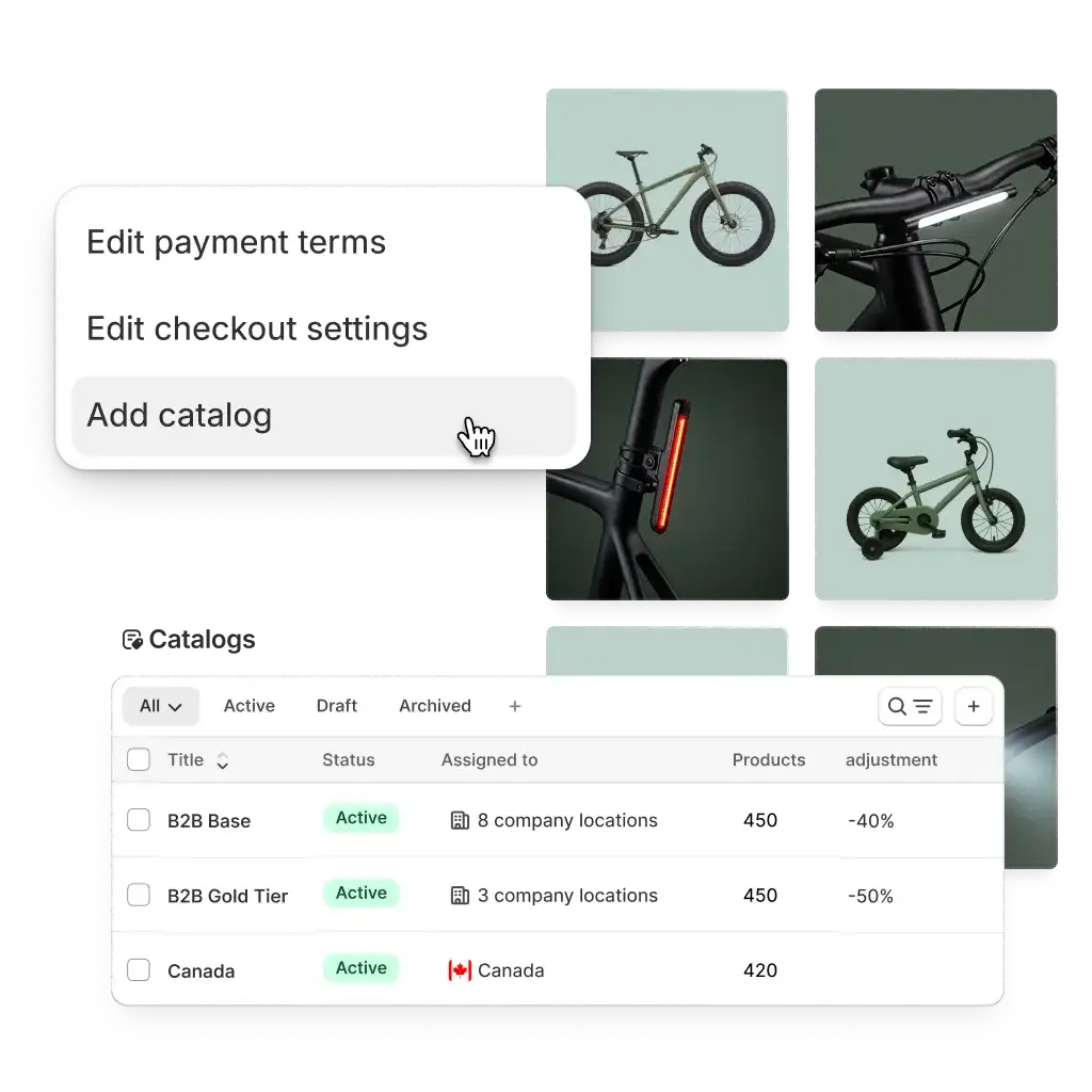 Simplified admin options for editing store elements like payment terms, checkout settings, and catalogs overlay a grid of bike product images.