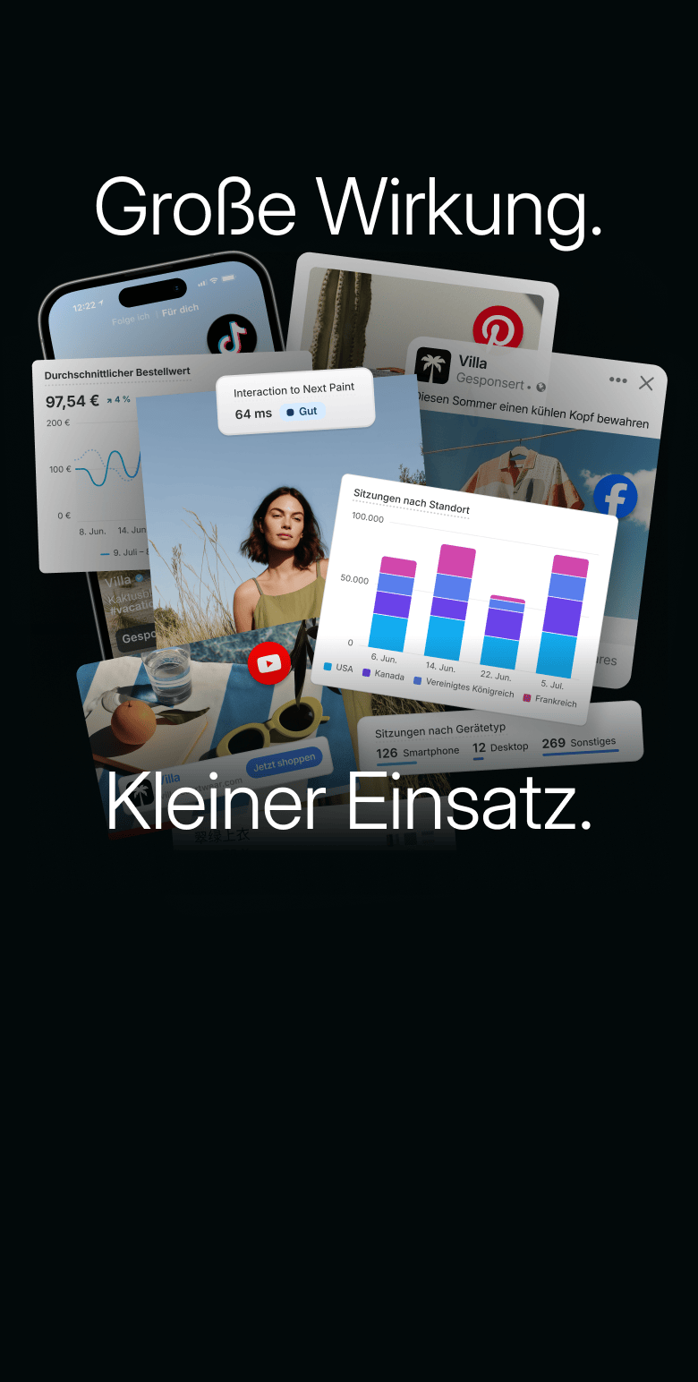 Animation von Elementen der Shopify-Plattform wie Händleranalysen, Verkäufe, Kundenreichweite und wachsende Kundenbestellungen werden angezeigt und übereinander gestapelt.