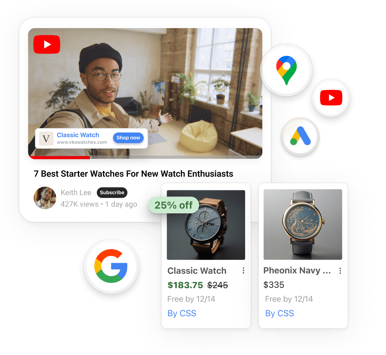 A YouTube video features a man wearing a brown watch on their wrist and talking into the camera. Product tiles that features two watches for sale it overlayed on the window of the video. Small logos overlayed around the windows include: Google, Google Maps, Google Shopping and YouTube.