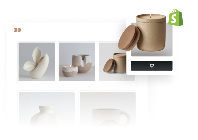 WordPress Editorissa kohdistin valitsee sivupaneelissa “Lisää Shopify-kokoelmaan”. Kokoelma tulee näkyviin WordPress-sivulla. Kaksi tuotetta vedetään kassasivulle, jonka taustalla näkyy Shopifyn logo.