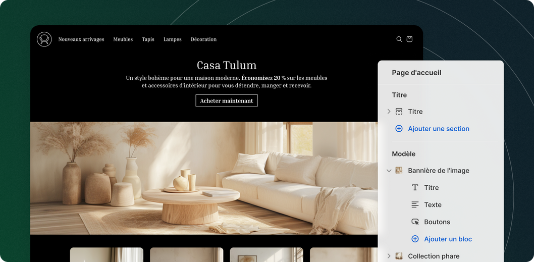 Page web présentant un meuble à côté d’une fenêtre d’éditeur Shopify
