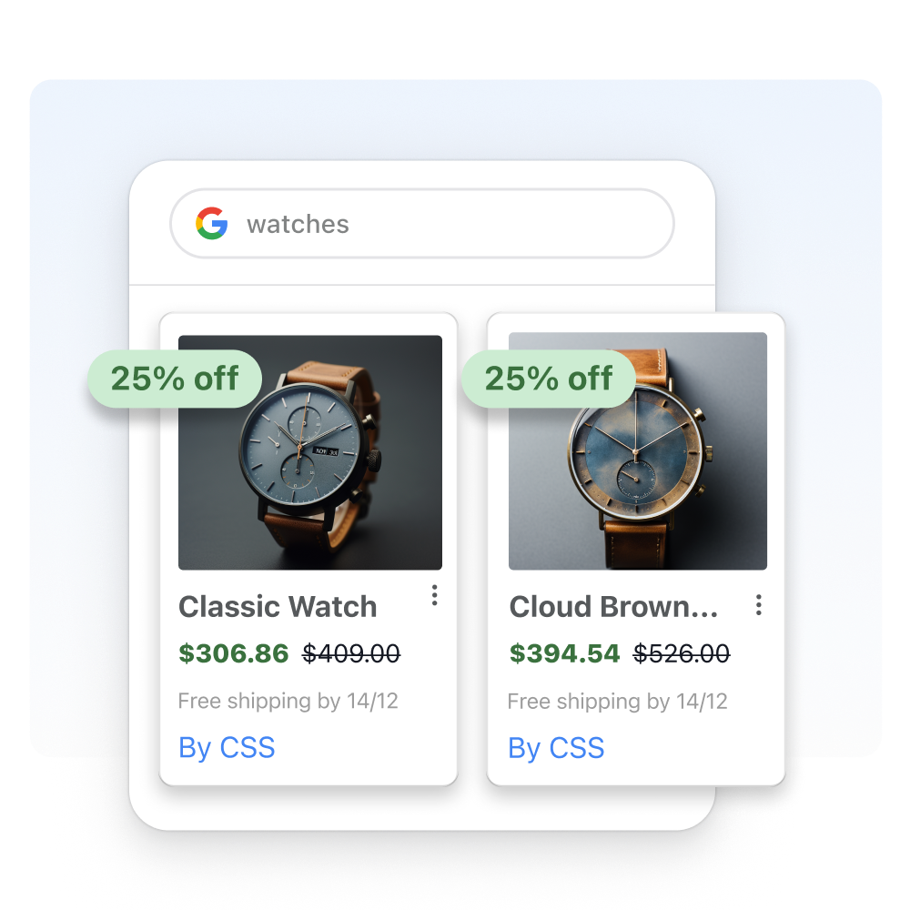 A window of google search results for watches, under the shopping filter. Product tiles that features two watches on sale are overlayed on the search results window.
