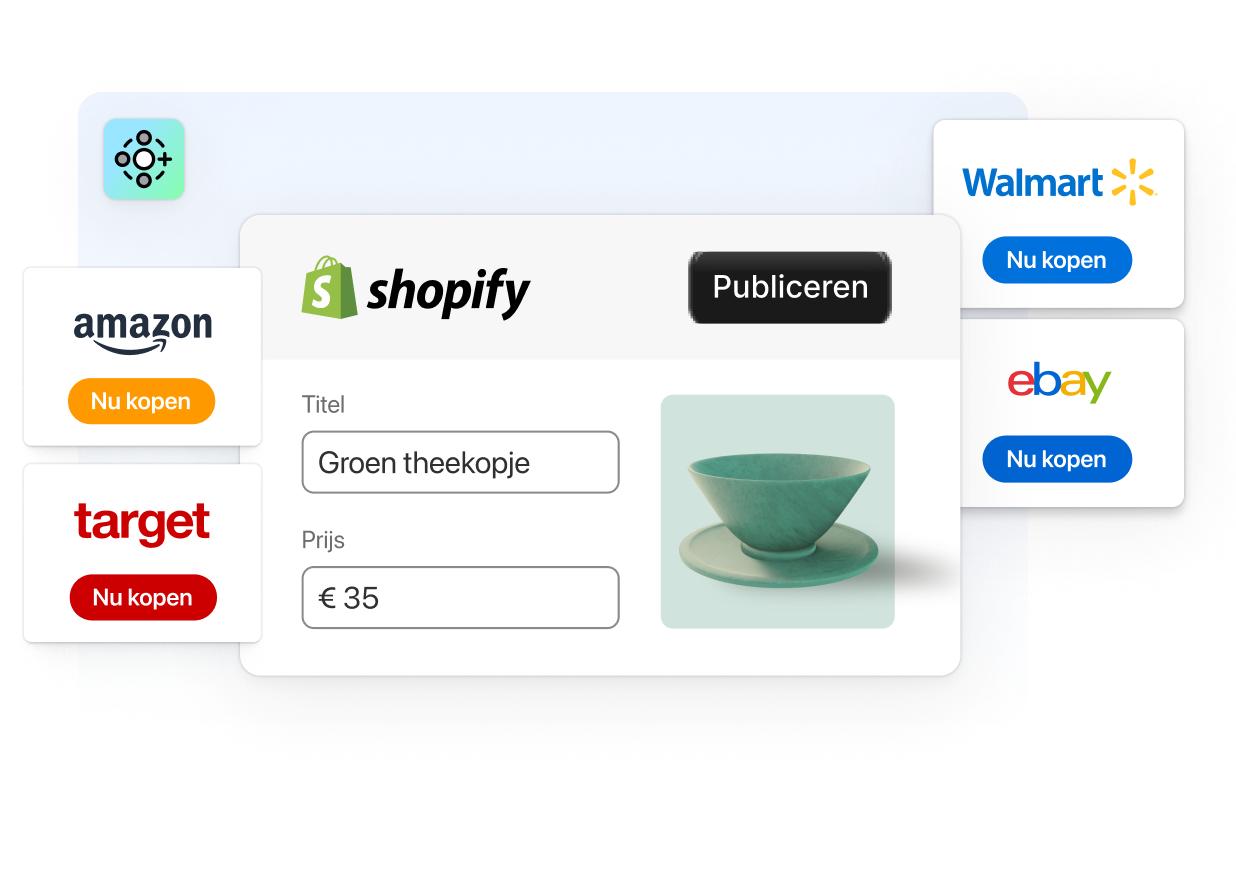 Deze afbeelding toont een diagram waarin wordt geïllustreerd hoe je een Shopify-winkel kunt verbinden met meerdere online marktplaatsen, zoals Amazon, Walmart, eBay en Etsy.