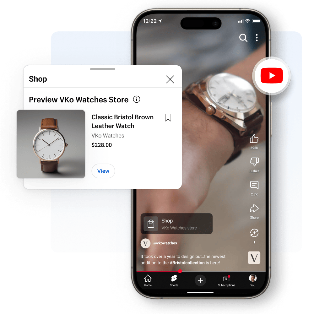A close up video featured on YouTube Shorts of a man wearing a brown watch on their wrist. A product tile that features a brown watch for sale it overlayed on the window of the video.