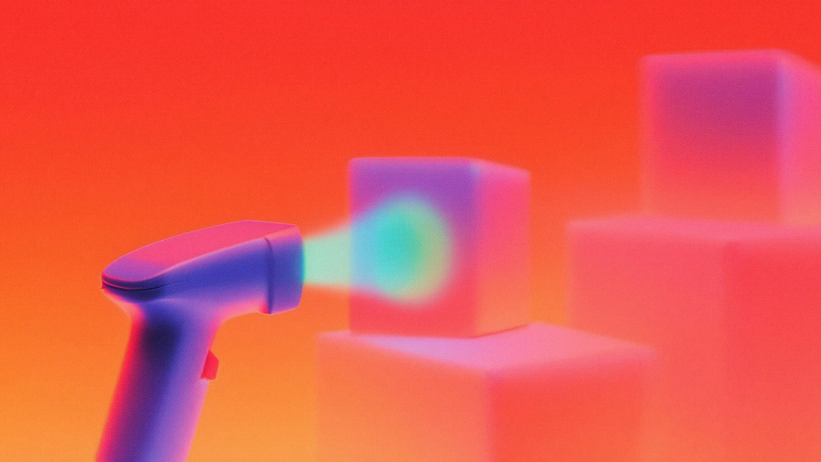 Futuristic barcode scanner with beam reading glowing cubes on a vibrant background