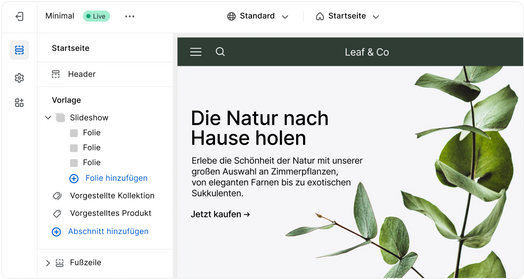 Eine Website Landing Page, die in einer Shop-Builder-Benutzeroberfläche geöffnet wird.