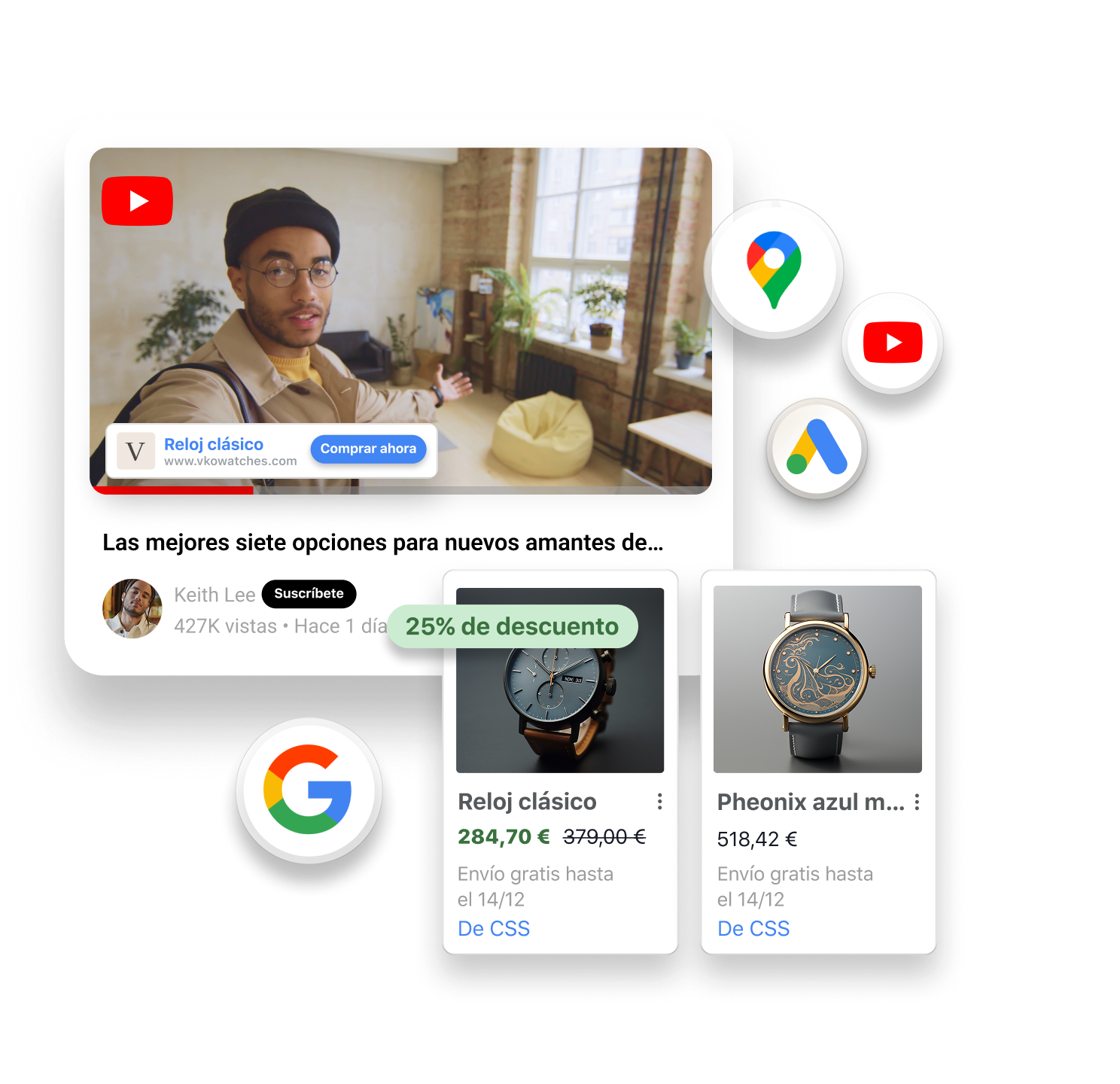 Video de YouTube en el que se muestra a un hombre con un reloj café en la muñeca hablando a la cámara. Sobre la ventana del video se muestra un recuadro de producto con dos relojes a la venta. Alrededor de las ventanas se muestran los logos de Google, Google Maps, Google Shopping y YouTube en tamaño pequeño.