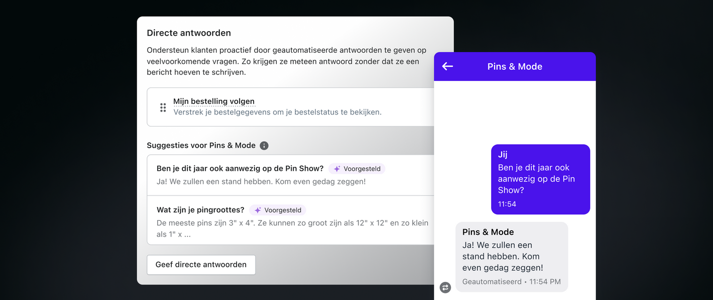 De interface voor directe antwoorden toont suggesties voor vragen en antwoorden op veelgestelde vragen. Een chatvenster rechts toont een voorbeeld van een van de suggesties.