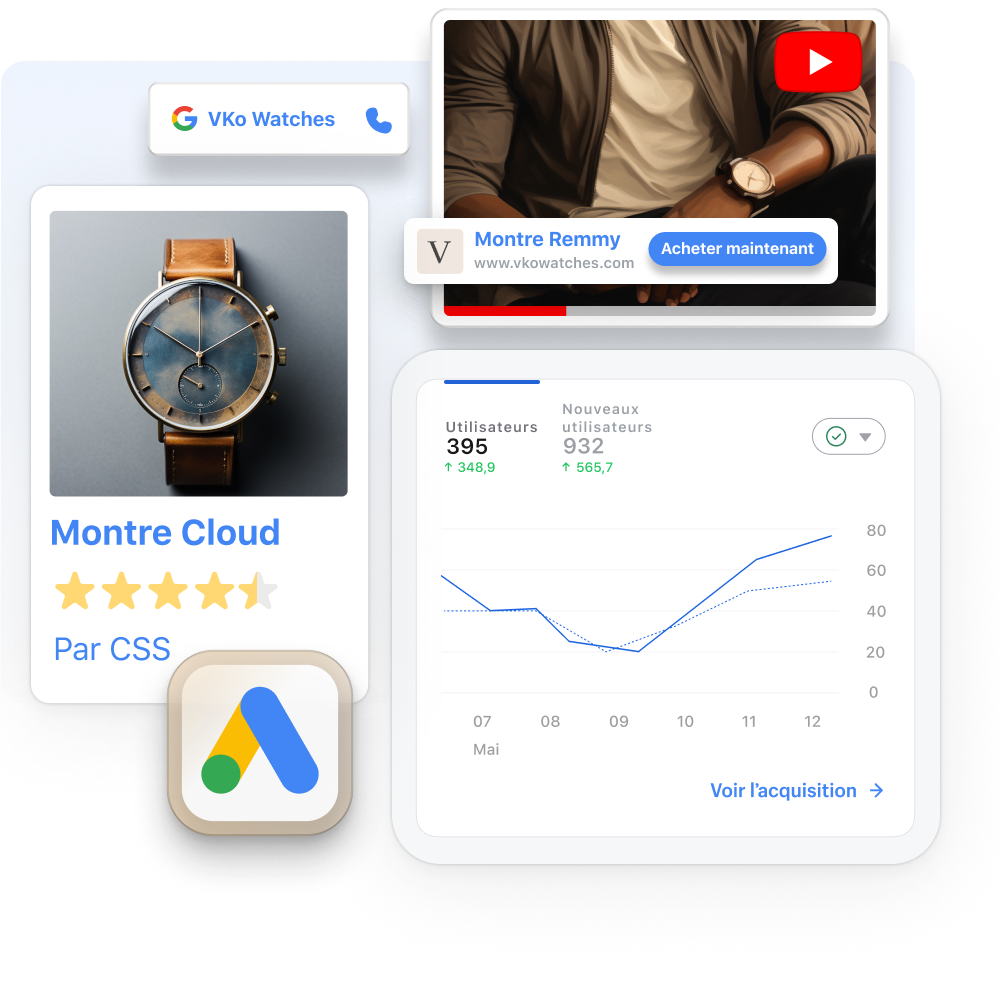 Fenêtres montrant des publicités Google pour deux montres marron. Une autre fenêtre montre une publicité YouTube pour une montre bleu marine. Une petite fenêtre superposée montre une petite publicité commerciale avec des coordonnées.
