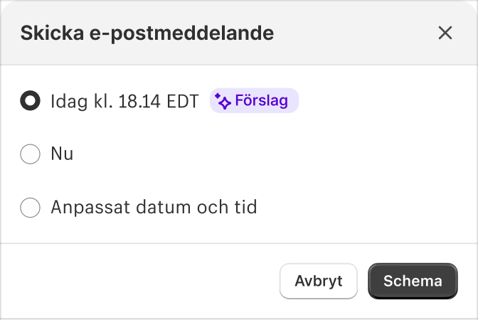 Popup-fönstret Shopify Magic föreslår en tid när det passar bäst att skicka ett e-postmeddelande med alternativ för att skicka nu eller på en angiven tid