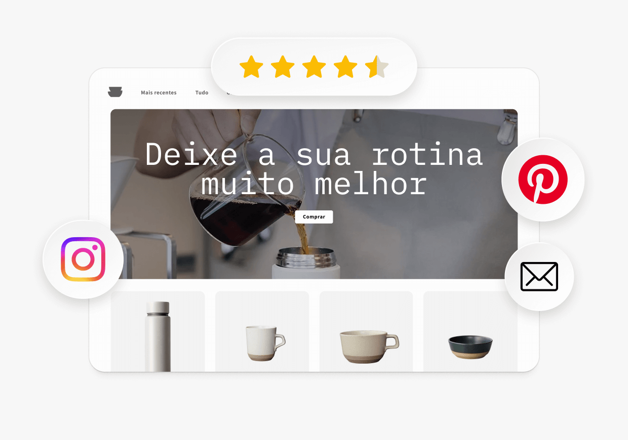 Página inicial da loja virtual exibida ao lado de um selo de 4,5 estrelas e ícones de redes sociais do Pinterest e do Instagram.