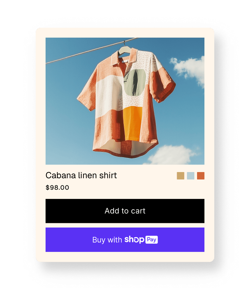 Animacija slike košulje koja prelazi na plaćanje platforme Shopify uz Shop Pay.
